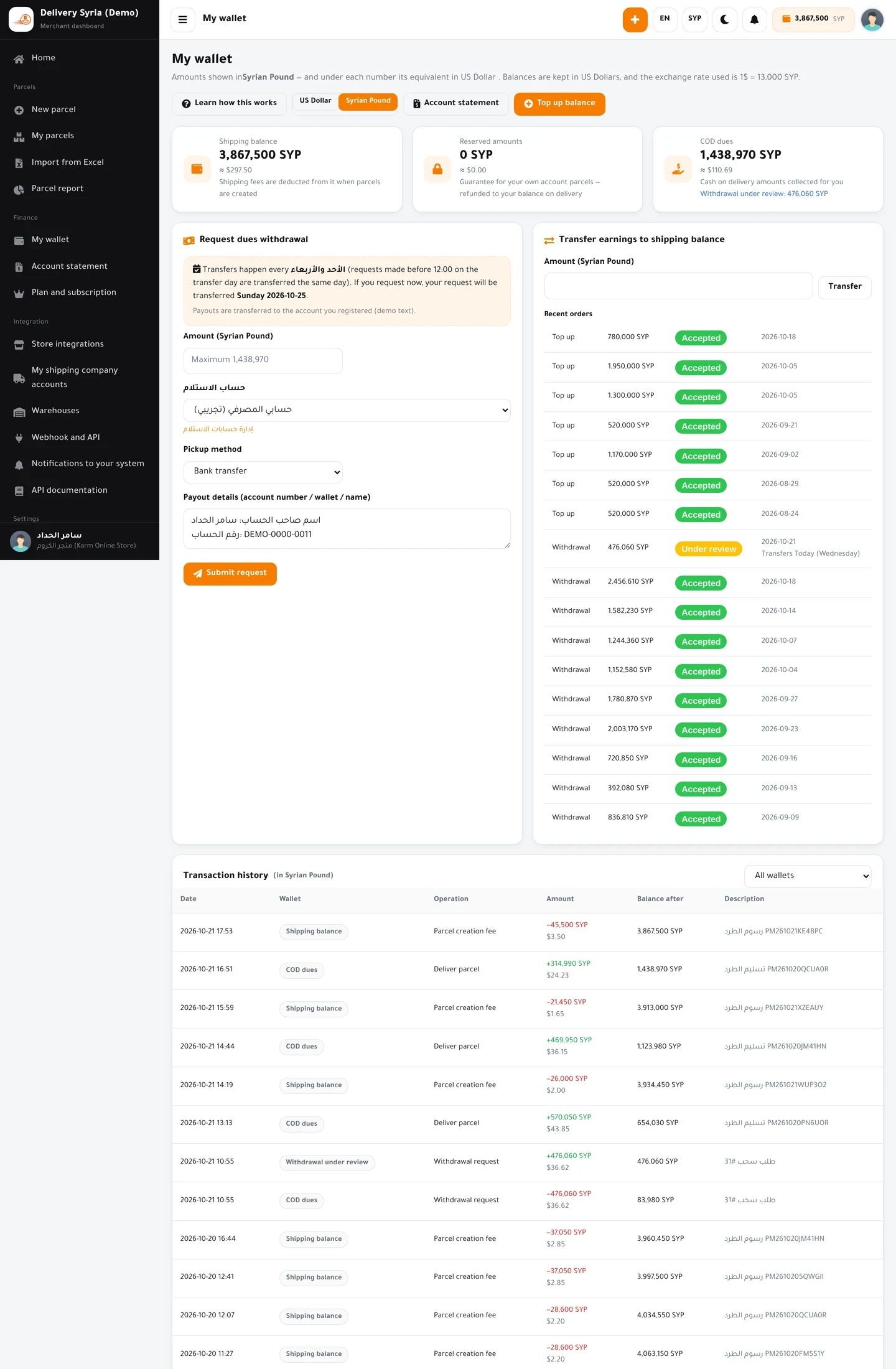Merchant wallet: balances, withdrawal requests and wallet movements