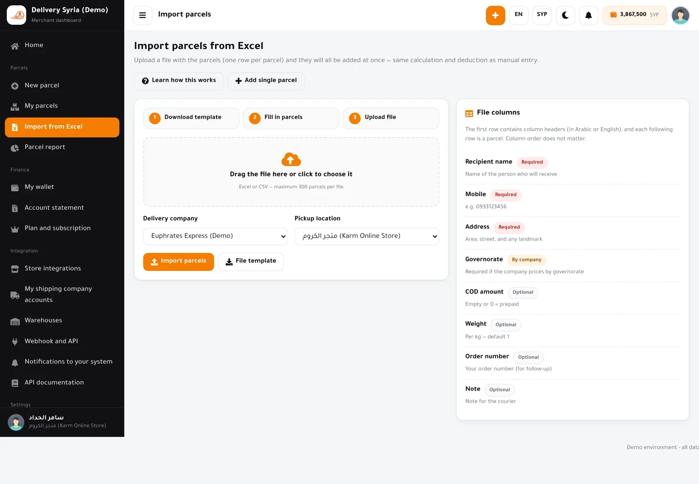 Excel import page: download the template, upload the file and choose the company and shop